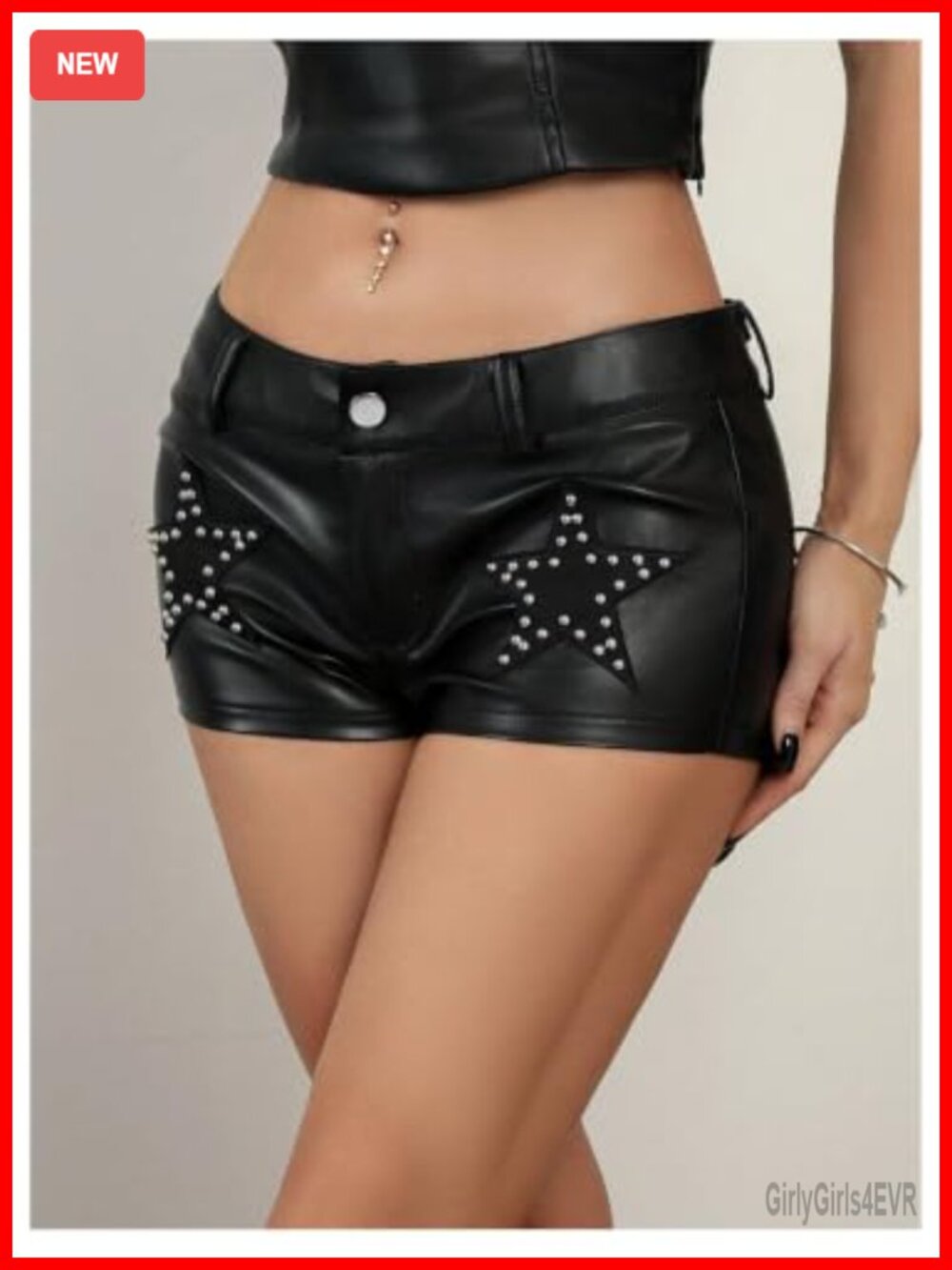 Faux Leather Micro Mini Shorts Low Rise Star Rivets Y2K Rave Party - Picture 3 of 4